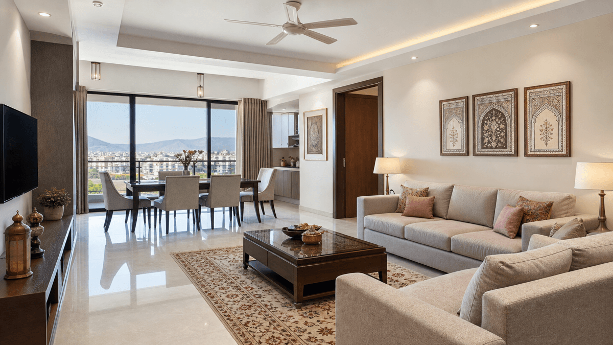 Furnished luxury apartment interior in Jaipur suitable for Airbnb investment