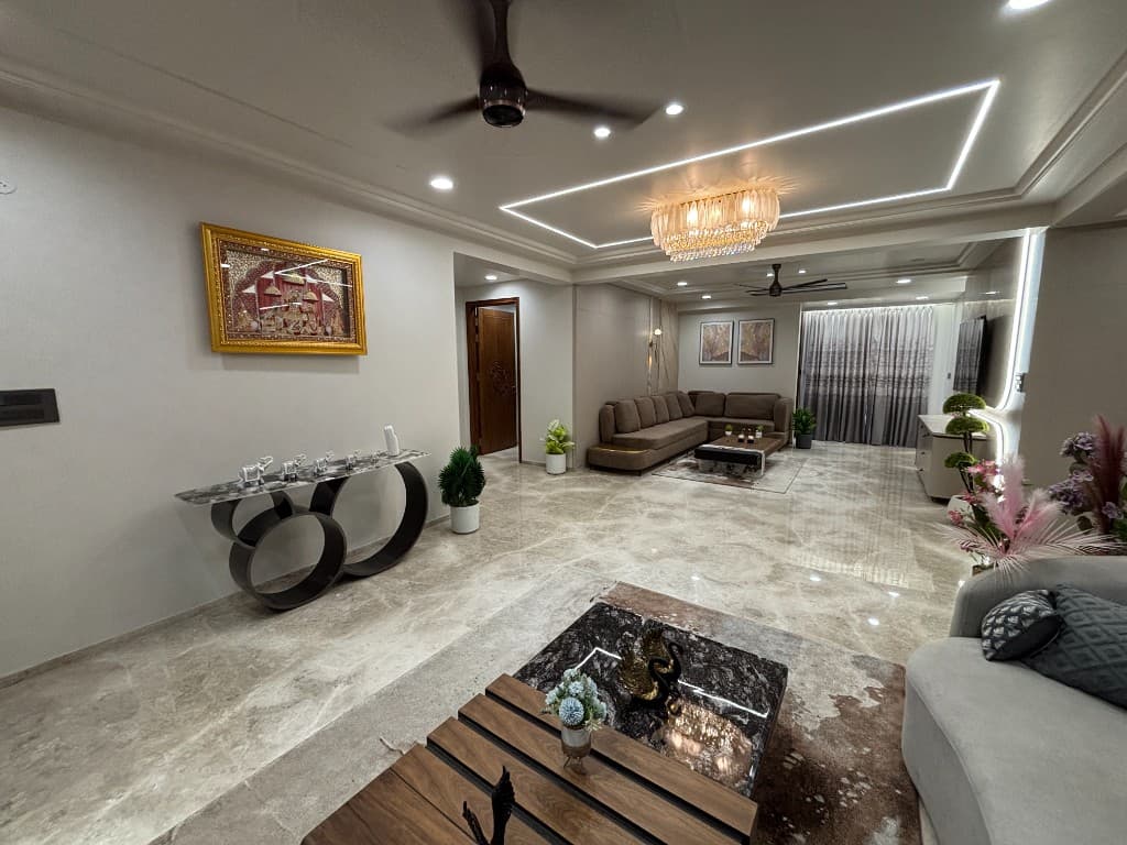 4 BHK Duplex-Style Flat With Chandelier Living Room